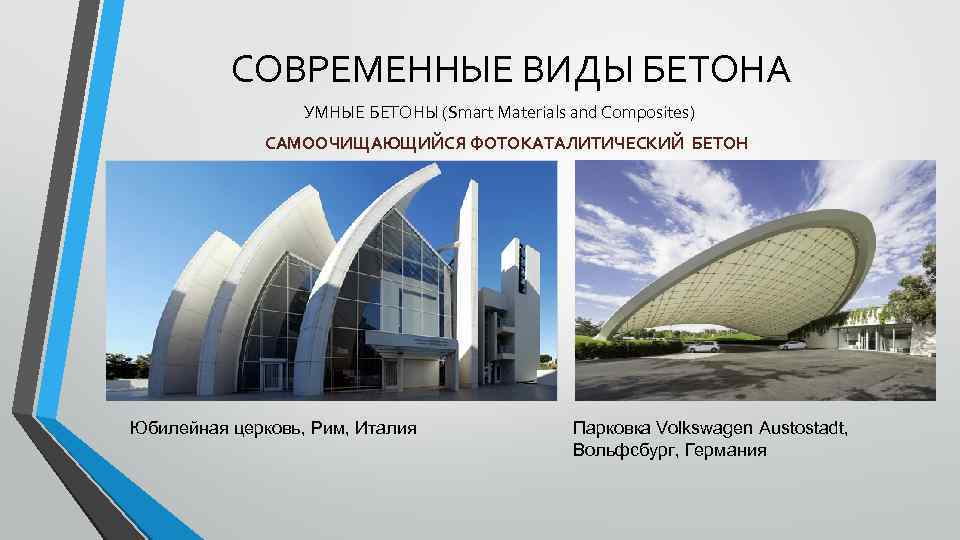 СОВРЕМЕННЫЕ ВИДЫ БЕТОНА УМНЫЕ БЕТОНЫ (Smart Materials and Composites) САМООЧИЩАЮЩИЙСЯ ФОТОКАТАЛИТИЧЕСКИЙ БЕТОН Юбилейная церковь,