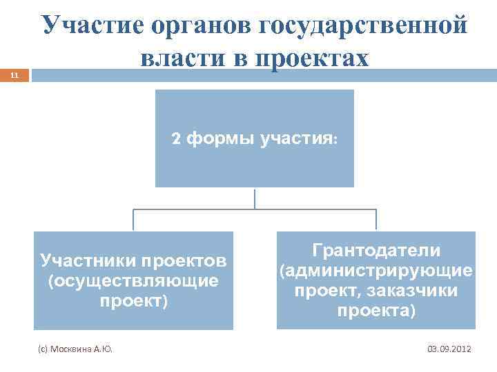 11 Участие органов государственной власти в проектах 2 формы участия: Участники проектов (осуществляющие проект)