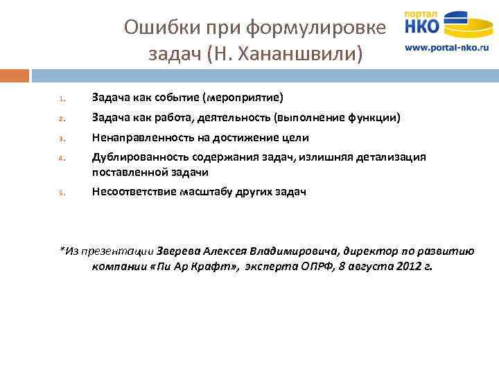 Ошибки при формулировке задач (Н. Хананшвили) 1. Задача как событие (мероприятие) 2. Задача как