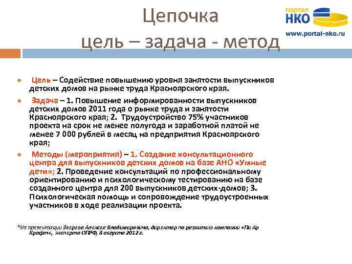 Цепочка цель – задача - метод l l l Цель – Содействие повышению уровня