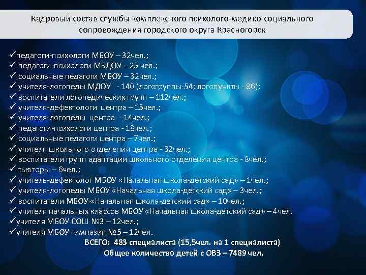 Кадровый состав службы комплексного психолого-медико-социального сопровождения городского округа Красногорск üпедагоги-психологи МБОУ – 32 чел.