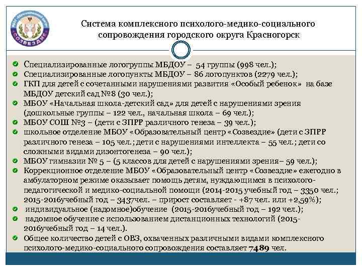 Система комплексного психолого-медико-социального сопровождения городского округа Красногорск Специализированные логогруппы МБДОУ – 54 группы (998