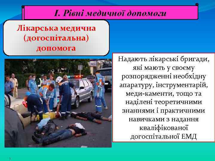 І. Рівні медичної допомоги Лікарська медична (догоспітальна) допомога Надають лікарські бригади, які мають у