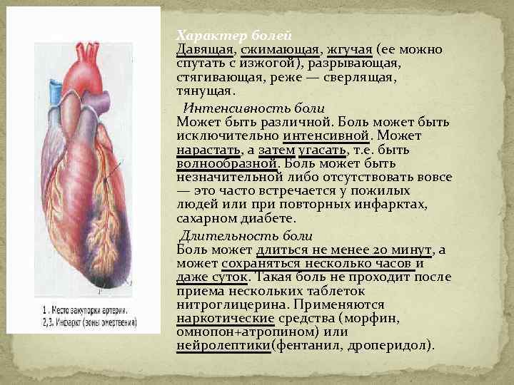 Характер болей Давящая, сжимающая, жгучая (ее можно спутать с изжогой), разрывающая, стягивающая, реже —