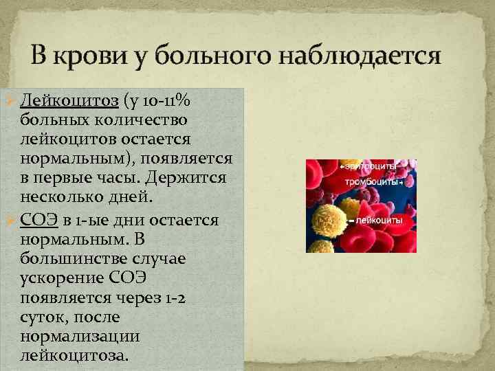 В крови у больного наблюдается Ø Лейкоцитоз (у 10 -11% больных количество лейкоцитов остается