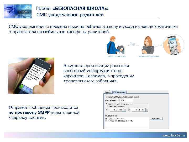 Проект «БЕЗОПАСНАЯ ШКОЛА» : СМС-уведомление родителей СМС-уведомления о времени прихода ребенка в школу и