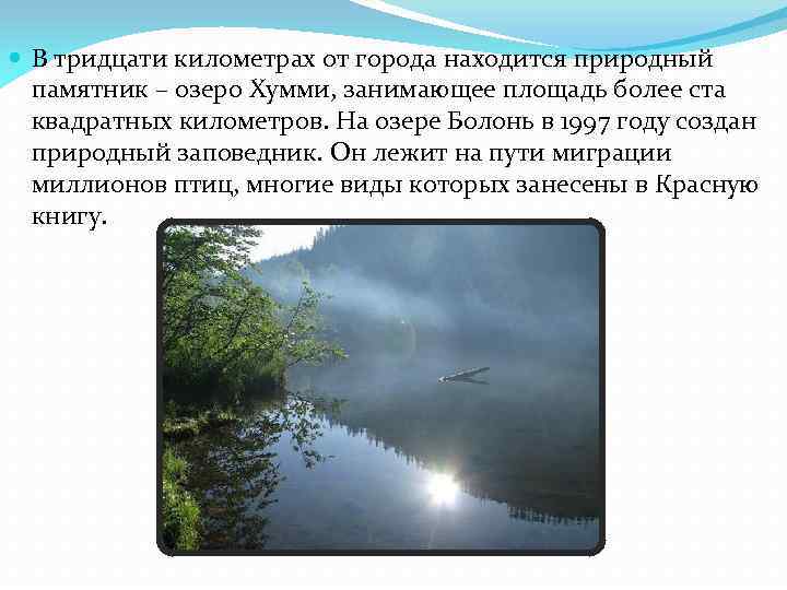  В тридцати километрах от города находится природный памятник – озеро Хумми, занимающее площадь