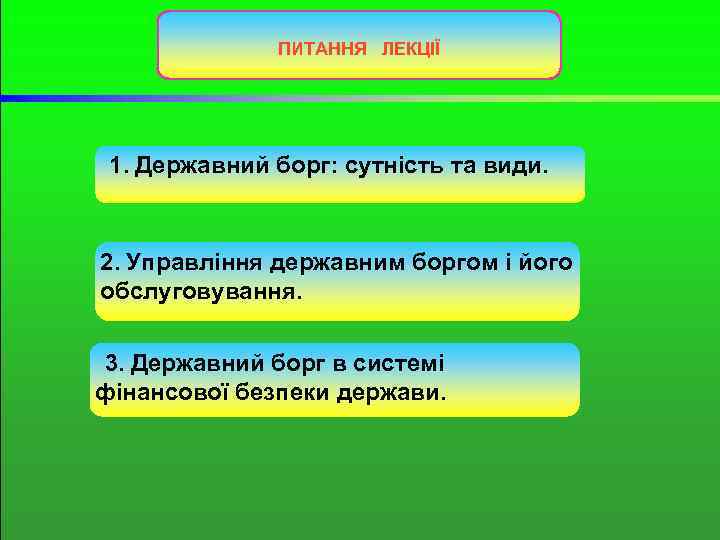 ПИТАННЯ ЛЕКЦІЇ 1. Державний борг: сутність та види. 2. Управління державним боргом і його