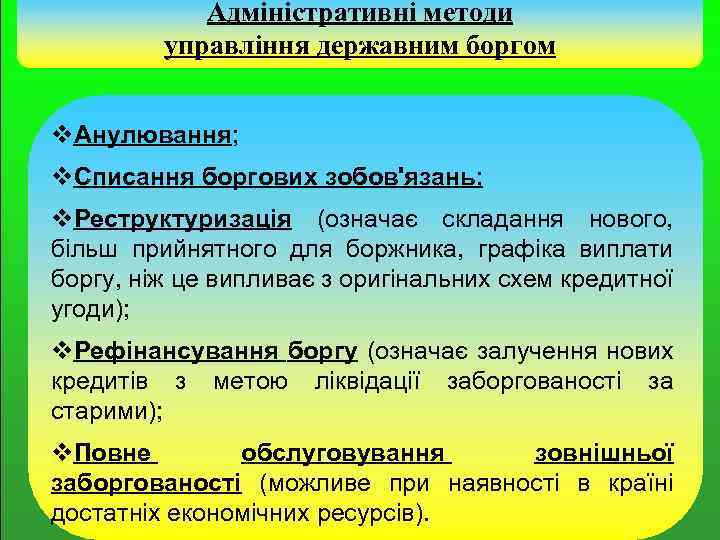 Адміністративні методи управління державним боргом v. Анулювання; v. Списання боргових зобов'язань; v. Реструктуризація (означає