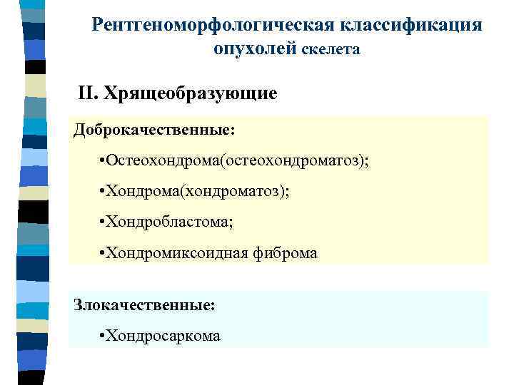Рентгеноморфологическая классификация опухолей скелета II. Хрящеобразующие Доброкачественные: • Остеохондрома(остеохондроматоз); • Хондрома(хондроматоз); • Хондробластома; •