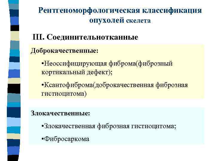 Рентгеноморфологическая классификация опухолей скелета III. Соединительнотканные Доброкачественные: • Неоссифицирующая фиброма(фиброзный кортикальный дефект); • Ксантофиброма(доброкачественная