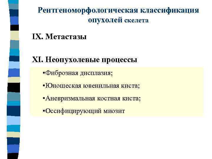 Рентгеноморфологическая классификация опухолей скелета IX. Метастазы XI. Неопухолевые процессы • Фиброзная дисплазия; • Юношеская