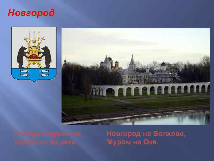 Новгород Города старинные, Крепость на реке. Новгород на Волхове, Муром на Оке. 