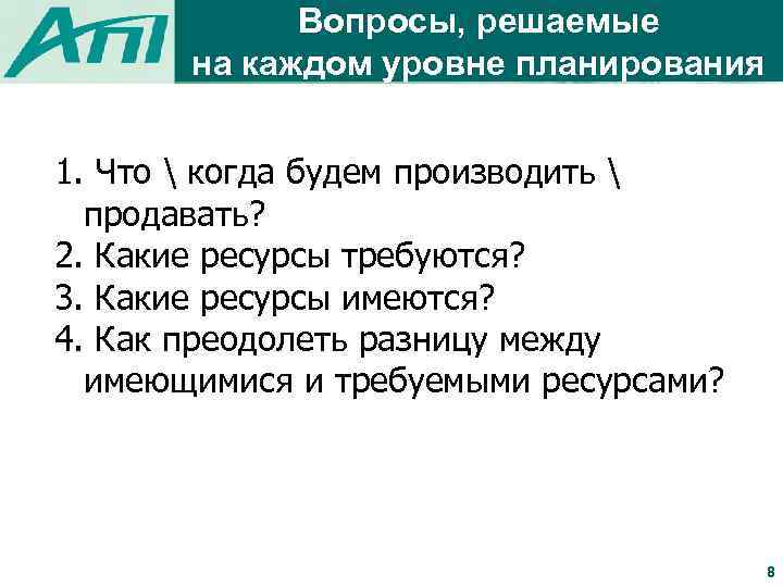 Вопросы, решаемые на каждом уровне планирования 1. Что  когда будем производить  продавать?