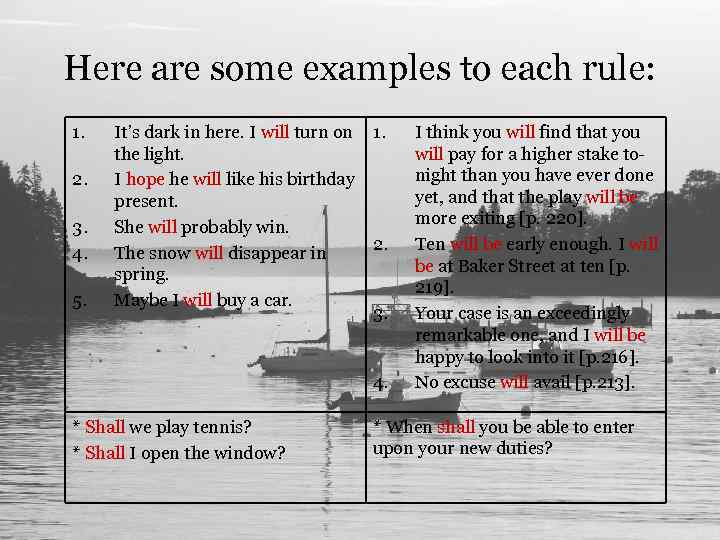 Here are some examples to each rule: 1. 2. 3. 4. 5. It’s dark