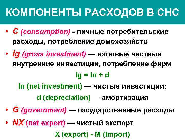 КОМПОНЕНТЫ РАСХОДОВ В СНС • С (consumption) - личные потребительские расходы, потребление домохозяйств •