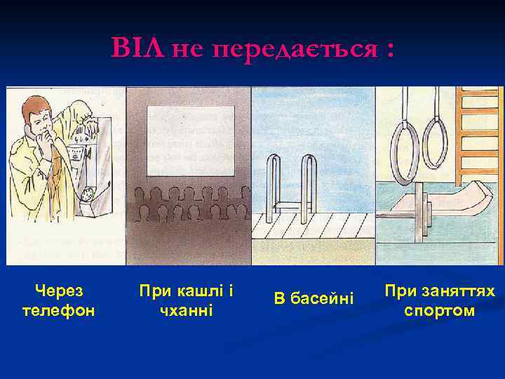 ВІЛ не передається : Через телефон При кашлі і чханні В басейні При заняттях