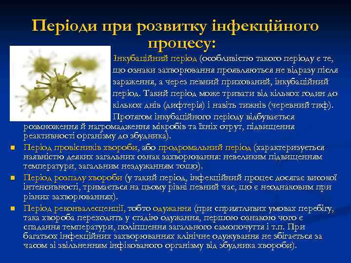 Періоди при розвитку інфекційного процесу: n n Інкубаційний період (особливістю такого періоду є те,