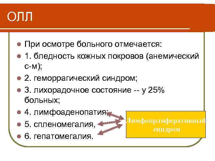 ОЛЛ l l l l При осмотре больного отмечается: 1. бледность кожных покровов (анемический