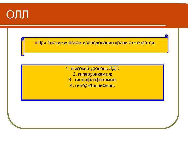 ОЛЛ l. При биохимическом исследовании крови отмечается: 1. высокий уровень ЛДГ; 2. гиперурикемия; 3.