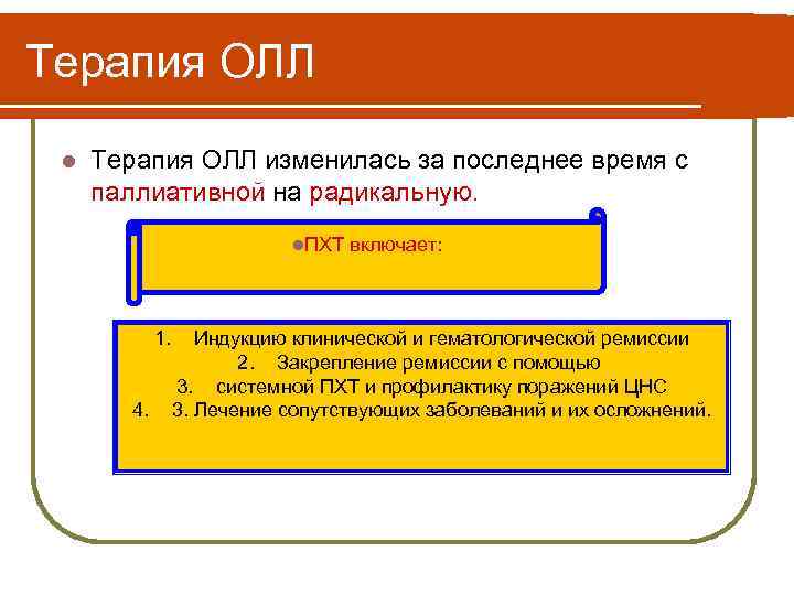 Терапия ОЛЛ l Терапия ОЛЛ изменилась за последнее время с паллиативной на радикальную. l.