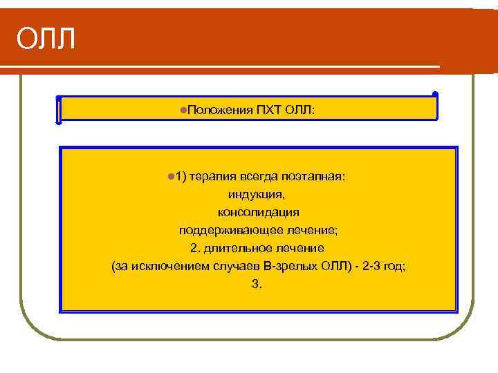 ОЛЛ l. Положения ПХТ ОЛЛ: l 1) терапия всегда поэтапная: индукция, консолидация поддерживающее лечение;