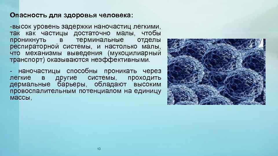 Опасность для здоровья человека: -высок уровень задержки наночастиц легкими, так как частицы достаточно малы,