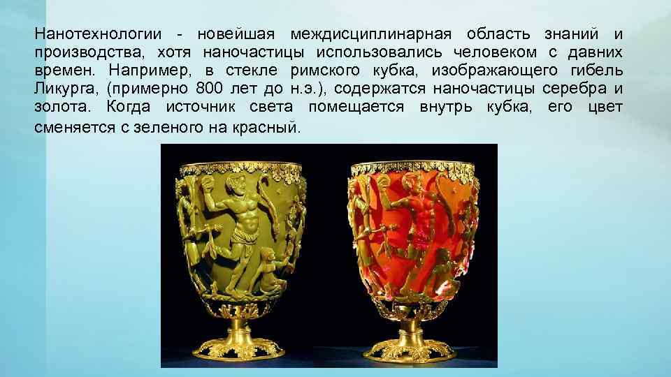 Нанотехнологии - новейшая междисциплинарная область знаний и производства, хотя наночастицы использовались человеком с давних