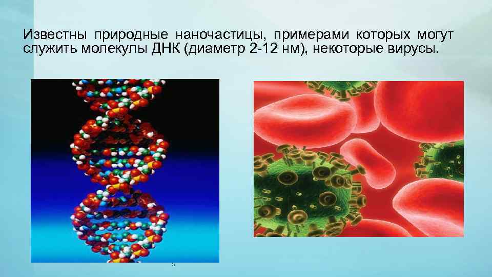 Известны природные наночастицы, примерами которых могут служить молекулы ДНК (диаметр 2 -12 нм), некоторые
