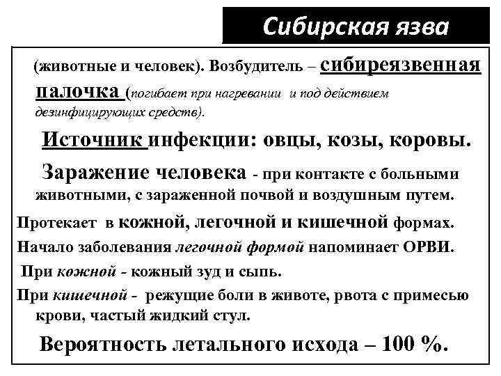 Сибирская язва (животные и человек). Возбудитель – сибиреязвенная палочка (погибает при нагревании и под