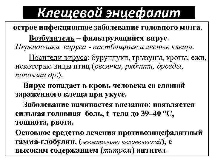 Клещевой энцефалит – острое инфекционное заболевание головного мозга. Возбудитель – фильтрующийся вирус. Переносчики вируса