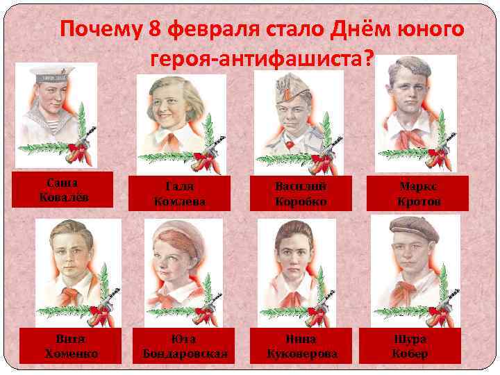 Почему 8 февраля стало Днём юного героя-антифашиста? Саша Ковалёв Витя Хоменко Галя Комлева Юта