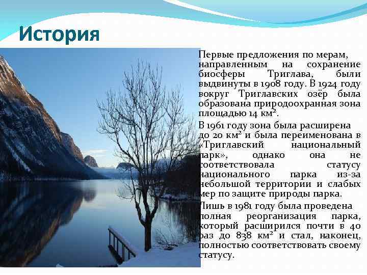 История Первые предложения по мерам, направленным на сохранение биосферы Триглава, были выдвинуты в 1908