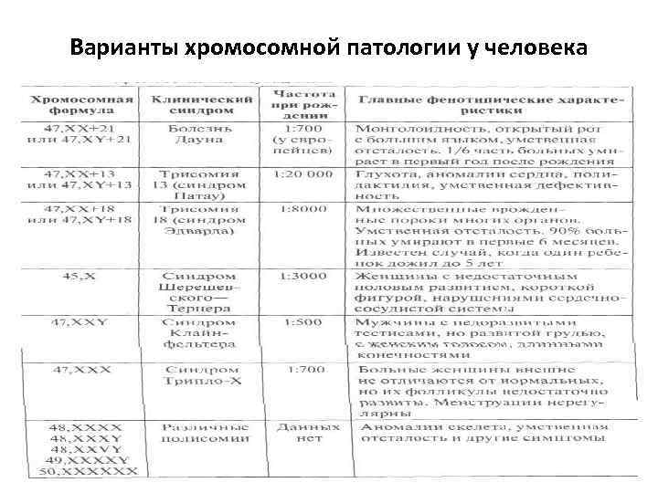 Варианты хромосомной патологии у человека 