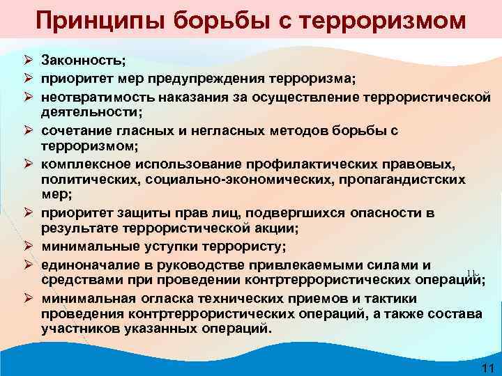 Принципы борьбы с терроризмом Законность; приоритет мер предупреждения терроризма; неотвратимость наказания за осуществление террористической