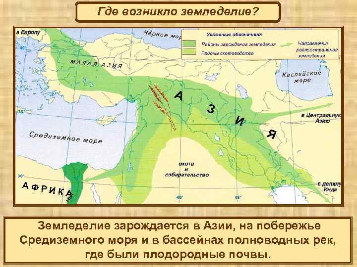 Где возникло земледелие? А З И Я АФР ИКА Земледелие зарождается в Азии, на
