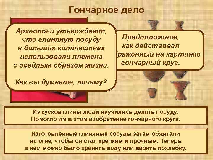 Гончарное дело Археологи утверждают, Предположите, что глиняную посуду как действовал в больших количествах изображенный