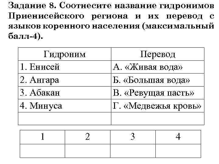 Задание 8. Соотнесите название гидронимов Приенисейского региона и их перевод с языков коренного населения