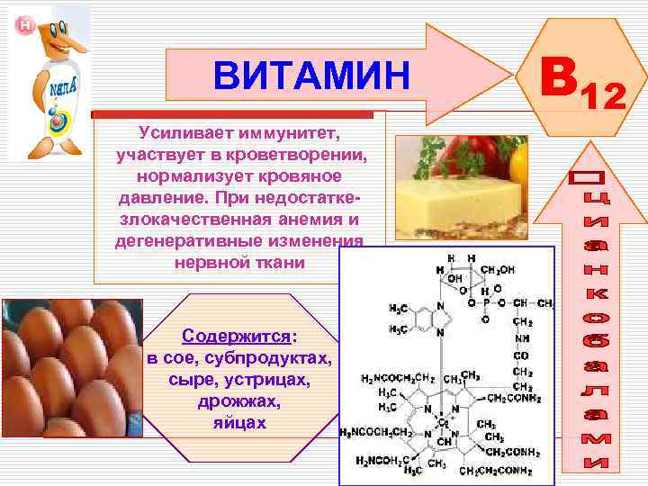 ВИТАМИН Усиливает иммунитет, участвует в кроветворении, нормализует кровяное давление. При недостаткезлокачественная анемия и дегенеративные