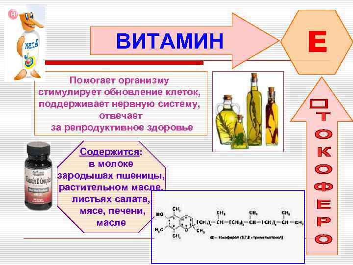 ВИТАМИН Помогает организму стимулирует обновление клеток, поддерживает нервную систему, отвечает за репродуктивное здоровье Содержится: