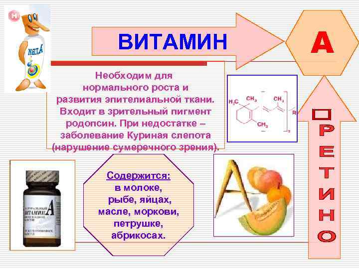 ВИТАМИН Необходим для нормального роста и развития эпителиальной ткани. Входит в зрительный пигмент родопсин.