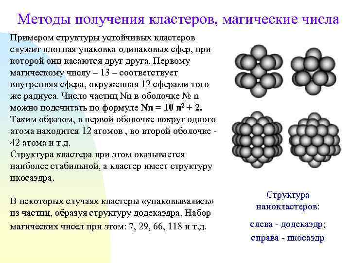 Методы получения кластеров, магические числа Примером структуры устойчивых кластеров служит плотная упаковка одинаковых сфер,