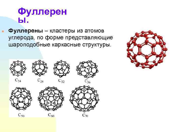 Фуллерен ы. n Фуллерены – кластеры из атомов углерода, по форме представляющие шароподобные каркасные