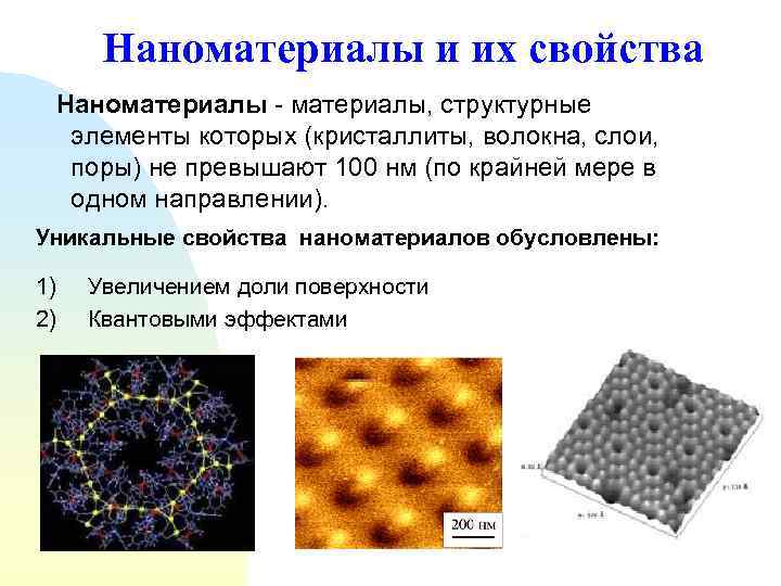 Наноматериалы и их свойства Наноматериалы - материалы, структурные элементы которых (кристаллиты, волокна, слои, поры)