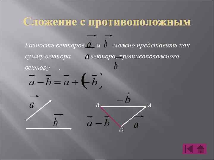 Найди вектор равный разности векторов