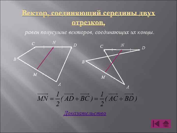 Вектор, соединяющий середины двух отрезков, равен полусумме векторов, соединяющих их концы. С N D