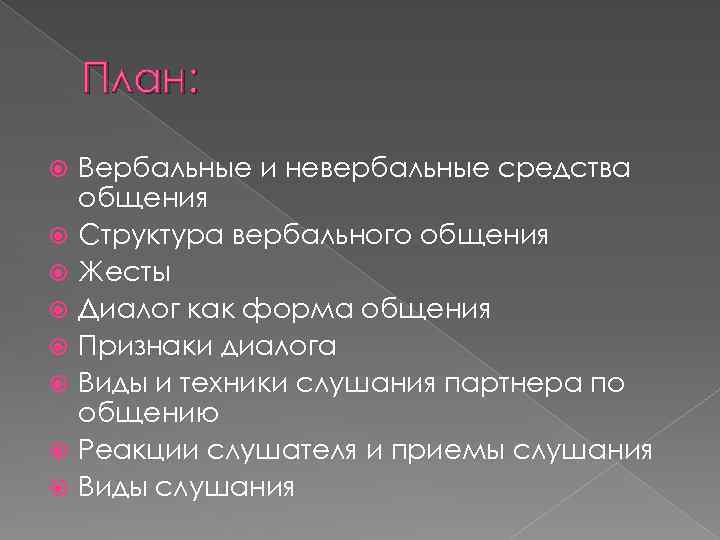 План: Вербальные и невербальные средства общения Структура вербального общения Жесты Диалог как форма общения