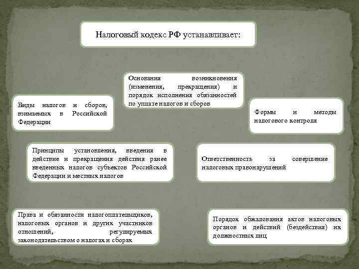 Налоговый кодекс РФ устанавливает: Виды налогов и сборов, взимаемых в Российской Федерации Основания возникновения