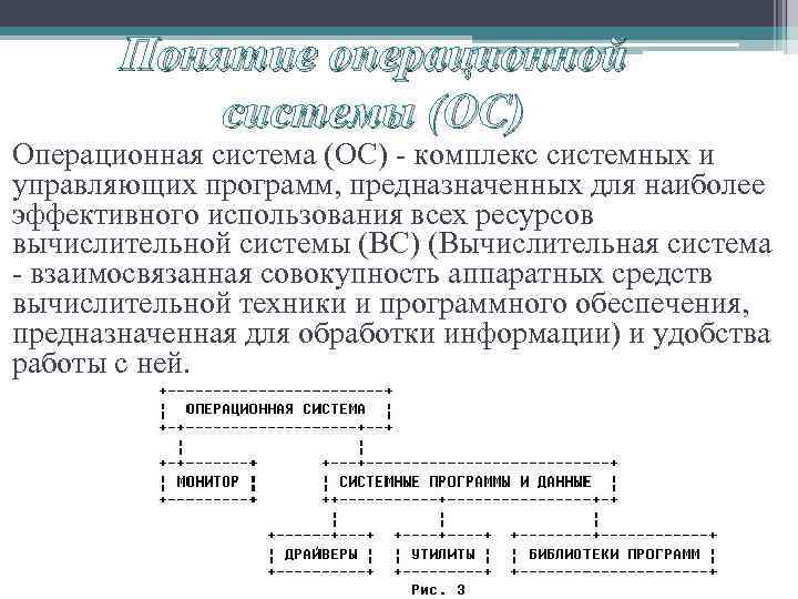 Понятие операционной системы (ОС) Операционная система (ОС) - комплекс системных и управляющих программ, предназначенных