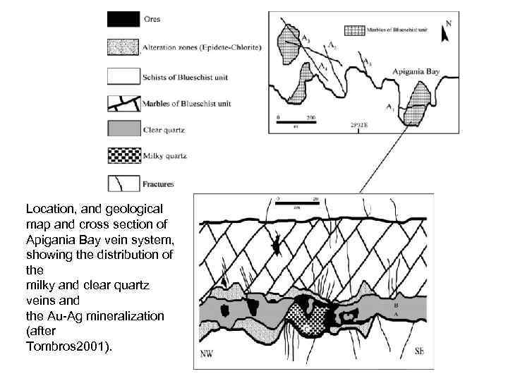 Location, and geological map and cross section of Apigania Bay vein system, showing the